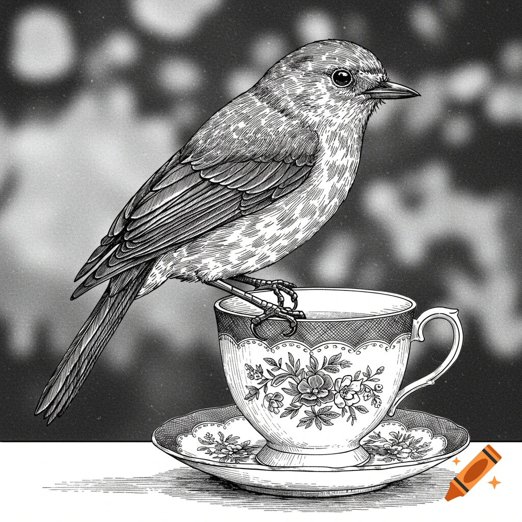 A black and white detailed illustration of a small bird perched on an ornate teacup with a saucer.