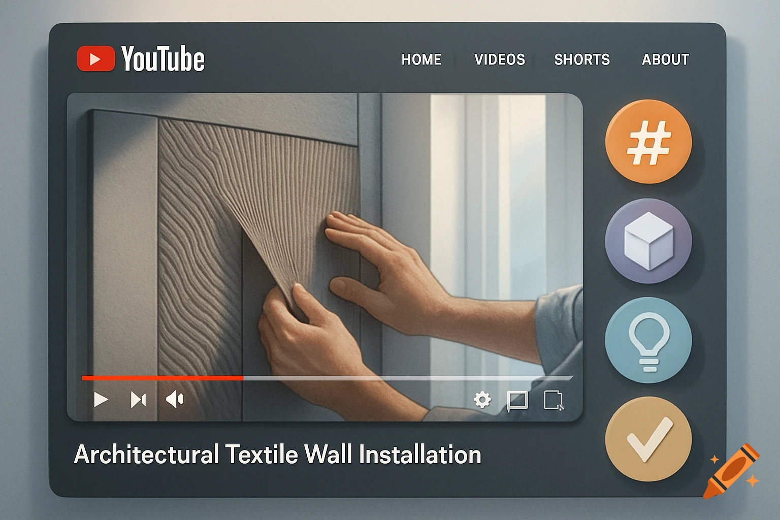 YouTube player with a video of hands installing a textured architectural textile wall panel, titled 'Architectural Textile Wall Installation'.
