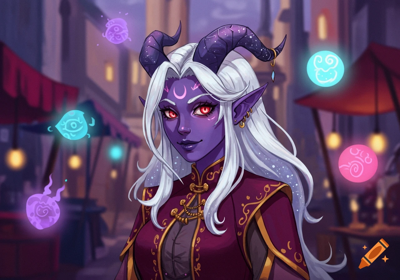 A portrait of a purple-skinned female Tiefling with white hair, red eyes, and horns, wearing a maroon and gold outfit, with glowing magical orbs floating around her in a fantasy market.