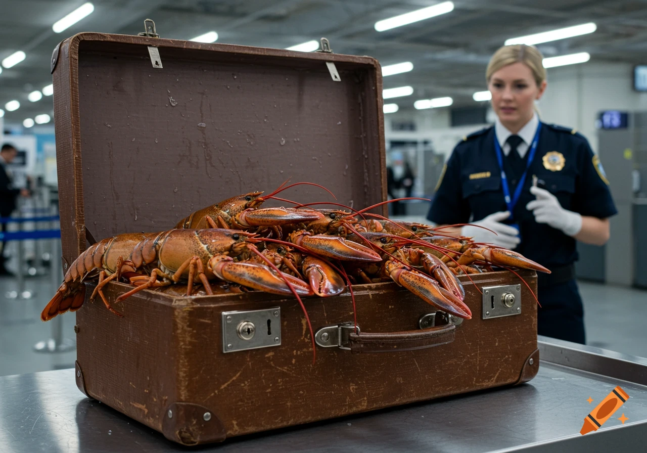 A brown open suitcase on a table is filled with live red lobsters, with a blurred security officer in uniform in the background.