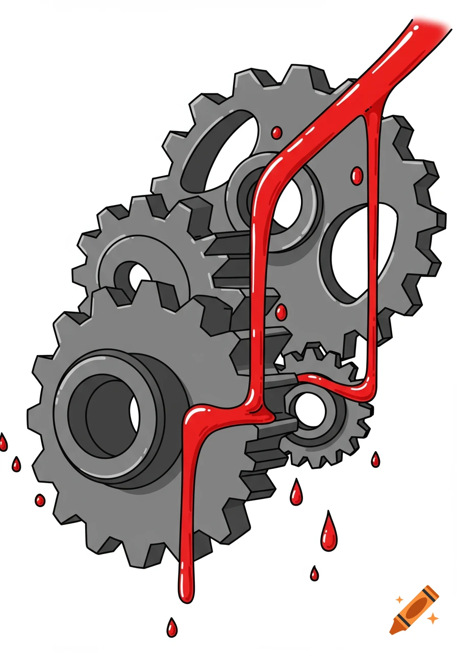 Clip art illustration of three interlocked gray gears with bright red liquid, resembling oil, flowing over them and dripping.