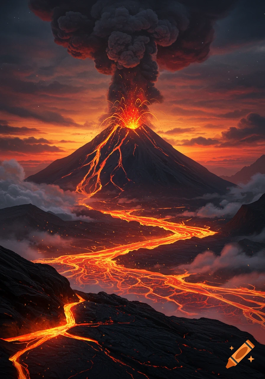 A towering volcano erupts against an orange and dark sky, spewing dark smoke and bright lava rivers flowing down its slopes.