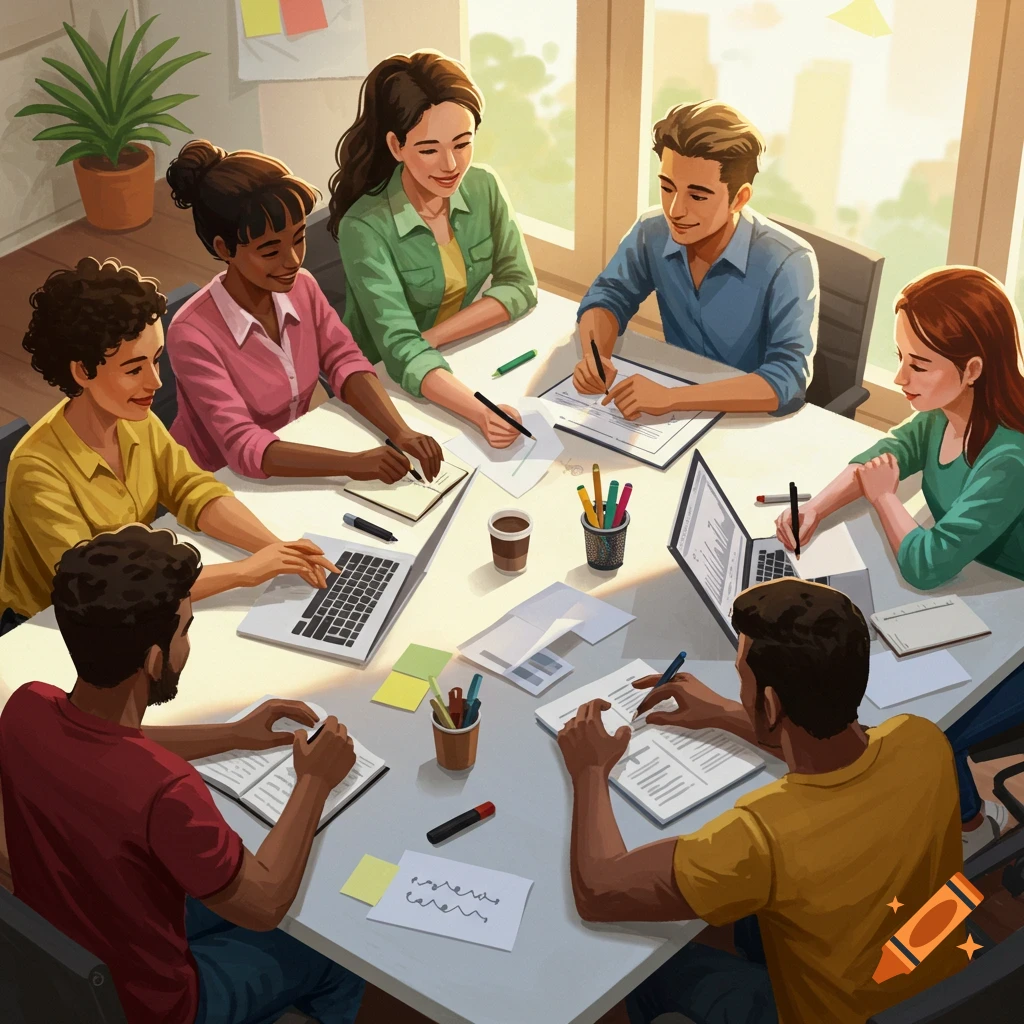 Diverse group of people collaborating around a table with laptops and papers in a bright, illustrative style.