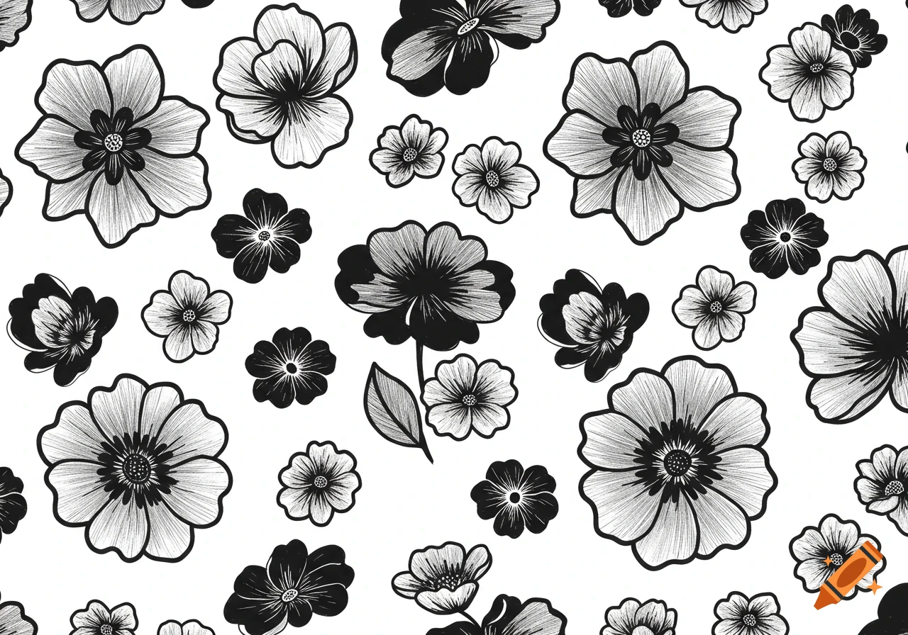 A seamless black and white floral pattern with large and small flowers featuring thick outlines and a white background.