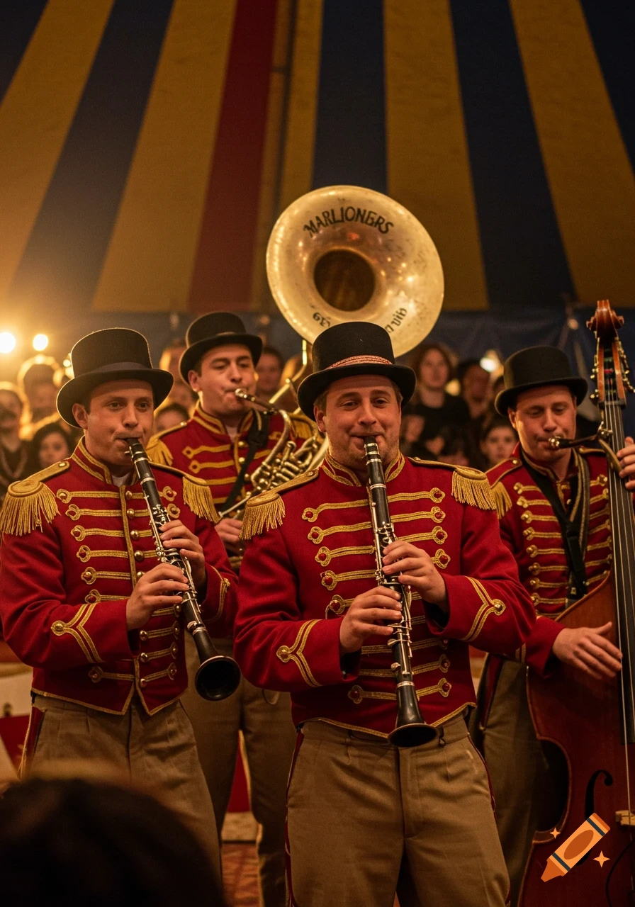 A circus band in old red and gold uniforms plays clarinets, tuba, and double bass under a striped tent.