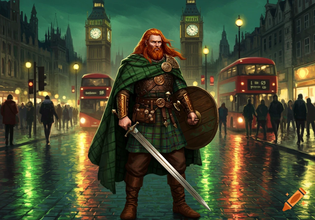 A red-haired Celt in a green kilt and cape with a sword and shield stands in a rainy London street with Big Ben and buses.
