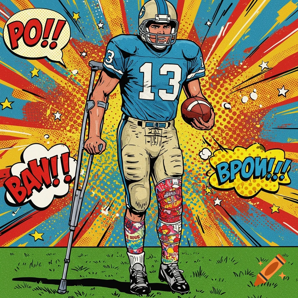 Pop art illustration of an injured football player in uniform with number 13, on crutches, holding a football, against a vibrant comic background.