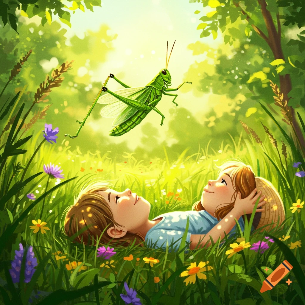 Two children lie in a sunny, flower-filled meadow, looking up at a large green grasshopper flying overhead in a bright illustration.