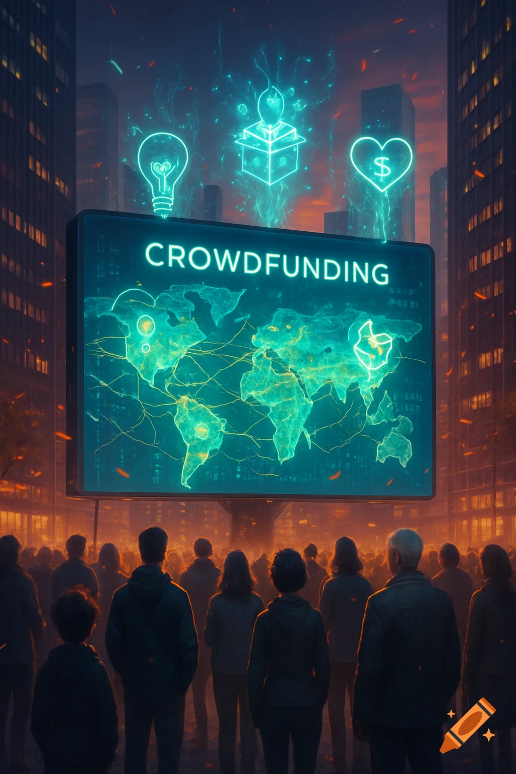 A crowd of people looks up at a large digital billboard displaying 'CROWDFUNDING' and a glowing world map in a futuristic city.
