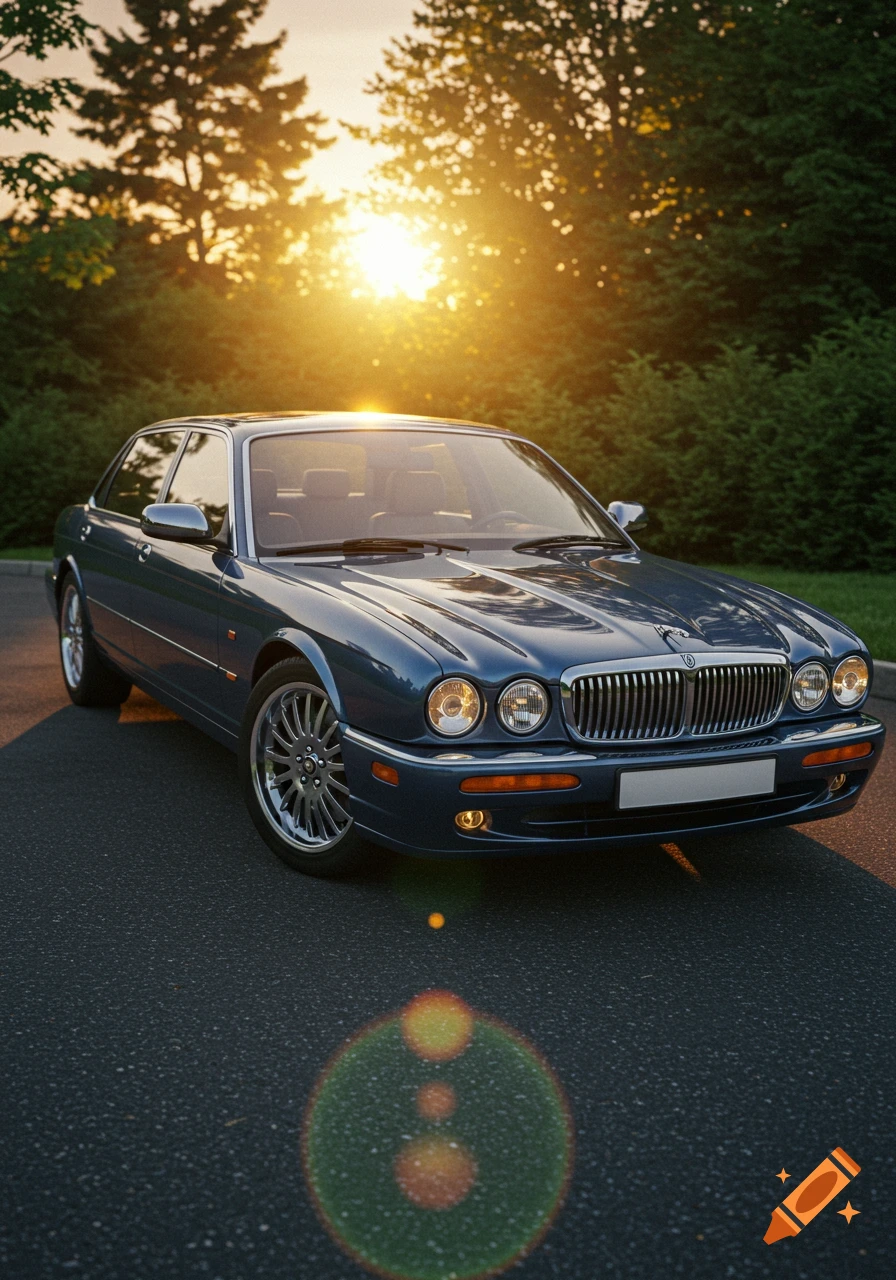 A photorealistic image of a blue Jaguar luxury sedan parked on asphalt with trees in the background and a bright sunset.