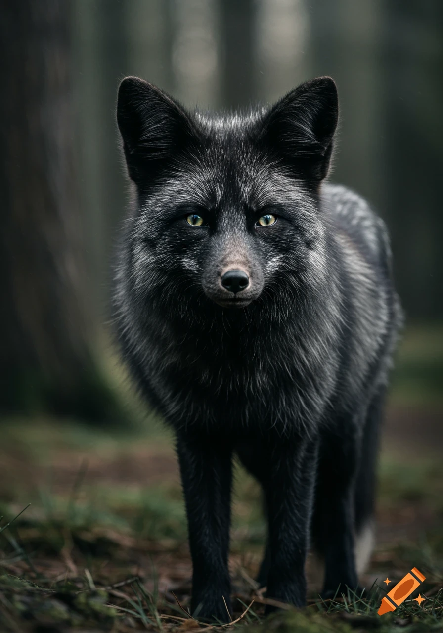 A striking black fox with silvery fur and bright green eyes stares intently in a dark forest.