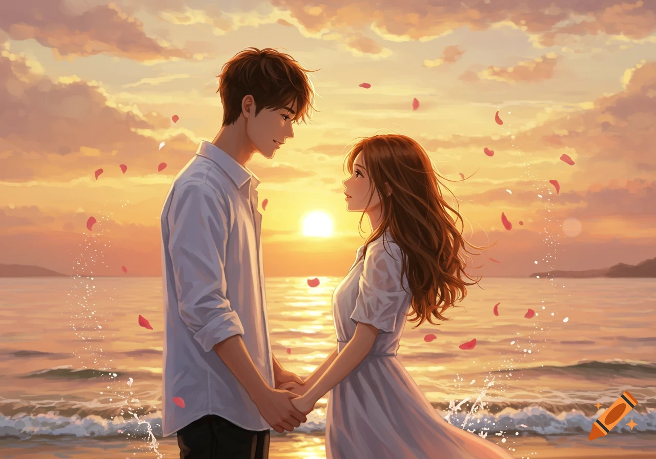 Anime illustration of a young couple holding hands on a beach at sunset, with rose petals falling.