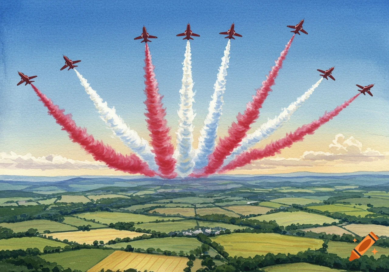 Watercolor painting of red planes flying in formation, leaving red, white, and blue smoke trails over a green landscape.