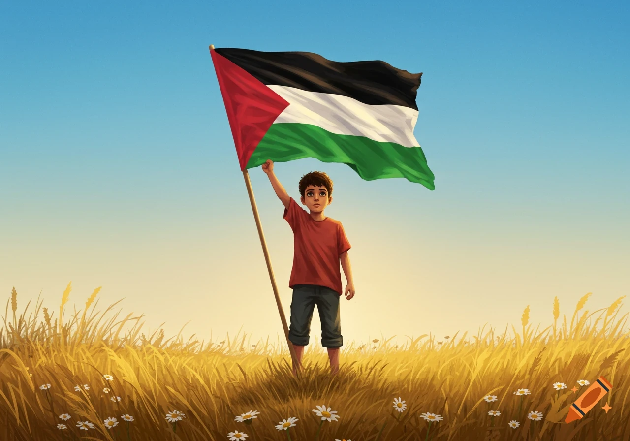 An illustration of a young boy holding a waving Palestine flag in a sunny field of tall grass.