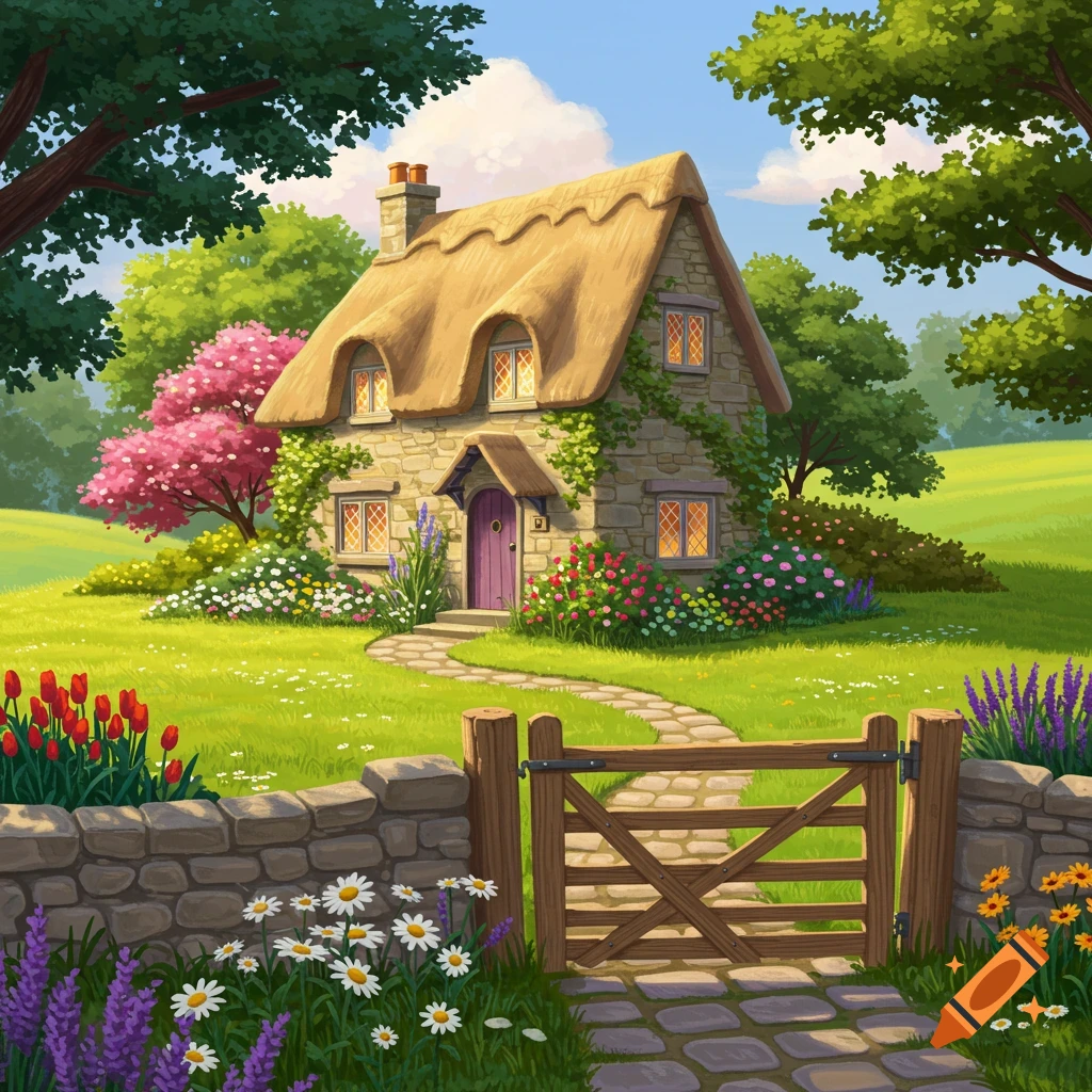A vibrant illustration of a charming stone cottage with a thatched roof, surrounded by a lush, colorful flower garden and green fields, under a blue sky.