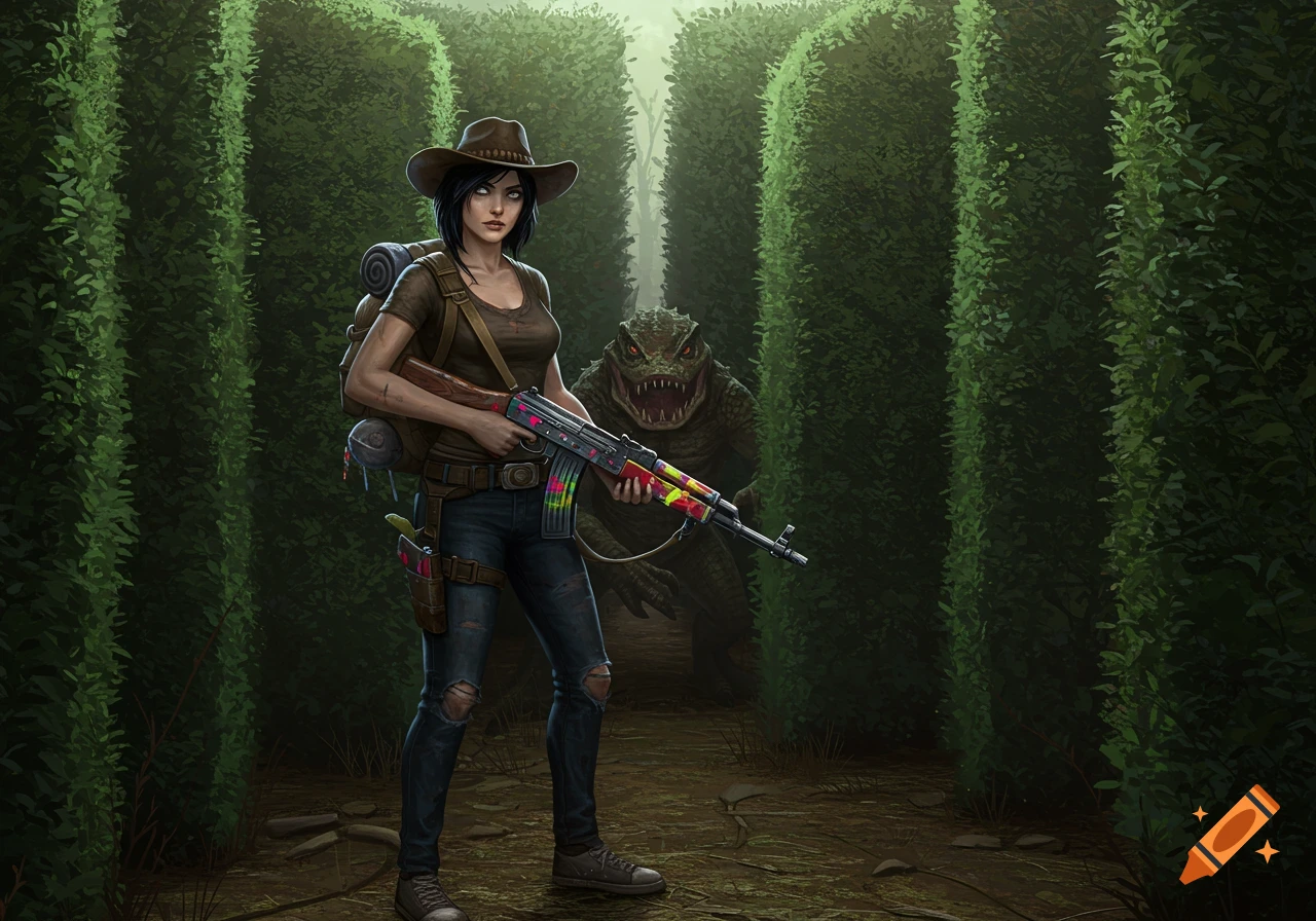 A female adventurer with a rifle and backpack stands in a hedge maze with a monster lurking behind her.