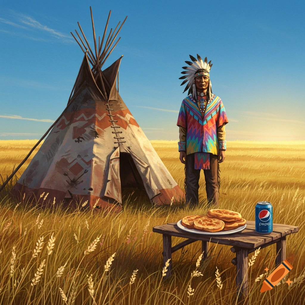 A Native American man in a colorful shirt stands next to a teepee in a golden field, with fried bread and a Pepsi can on a wooden table.