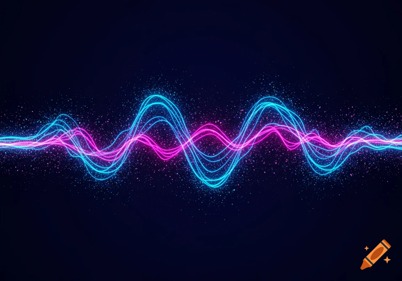 Neon blue and pink glowing wavy lines with scattered particles on a dark background, depicting a sound waveform.