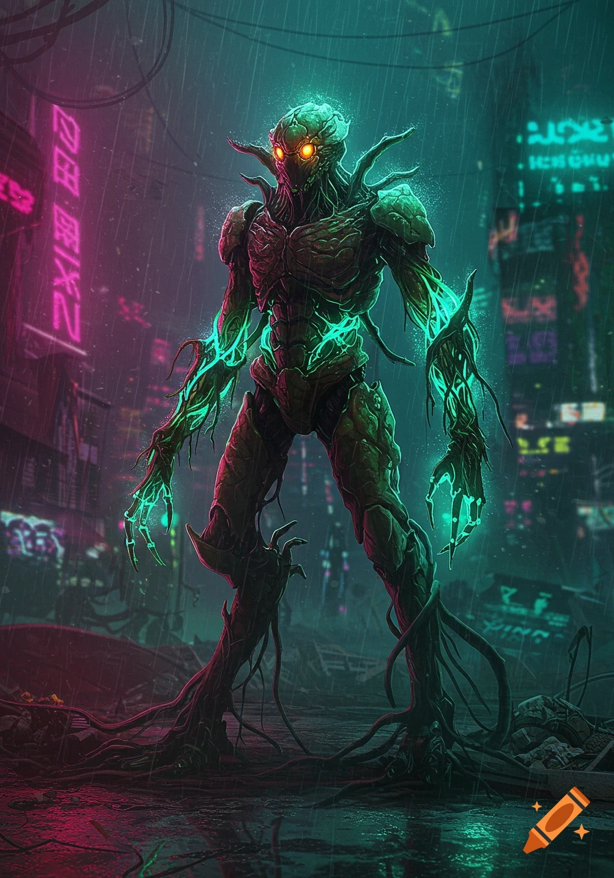 A menacing, glowing green biopunk creature stands in a rainy, neon-lit cyberpunk city at night.