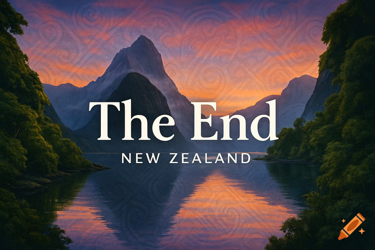 Stylized digital painting of New Zealand mountains and a reflective lake at sunset, with text 'The End' and 'NEW ZEALAND'.