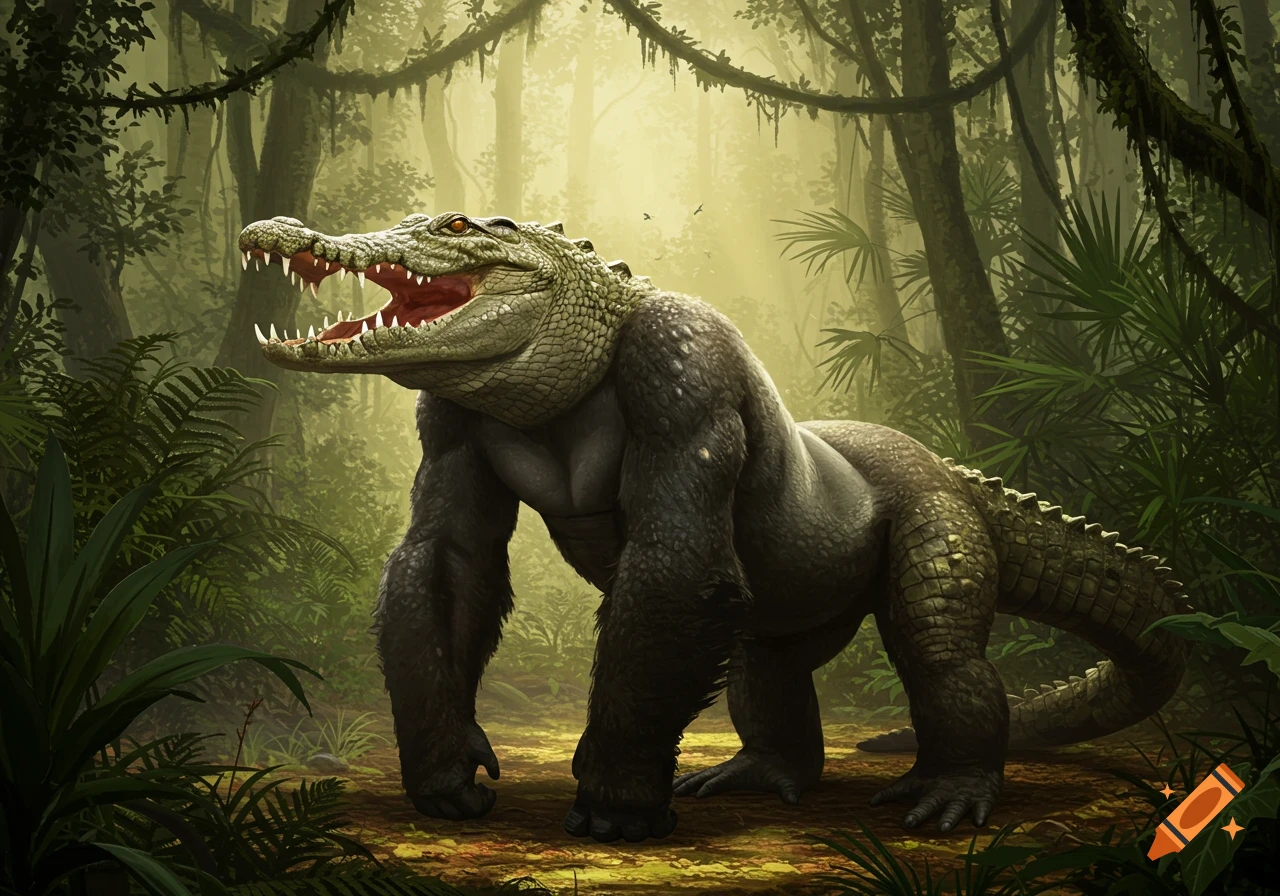 A detailed illustration of a gorilla-crocodile hybrid with a crocodile head and gorilla body, standing in a lush, sunlit jungle.