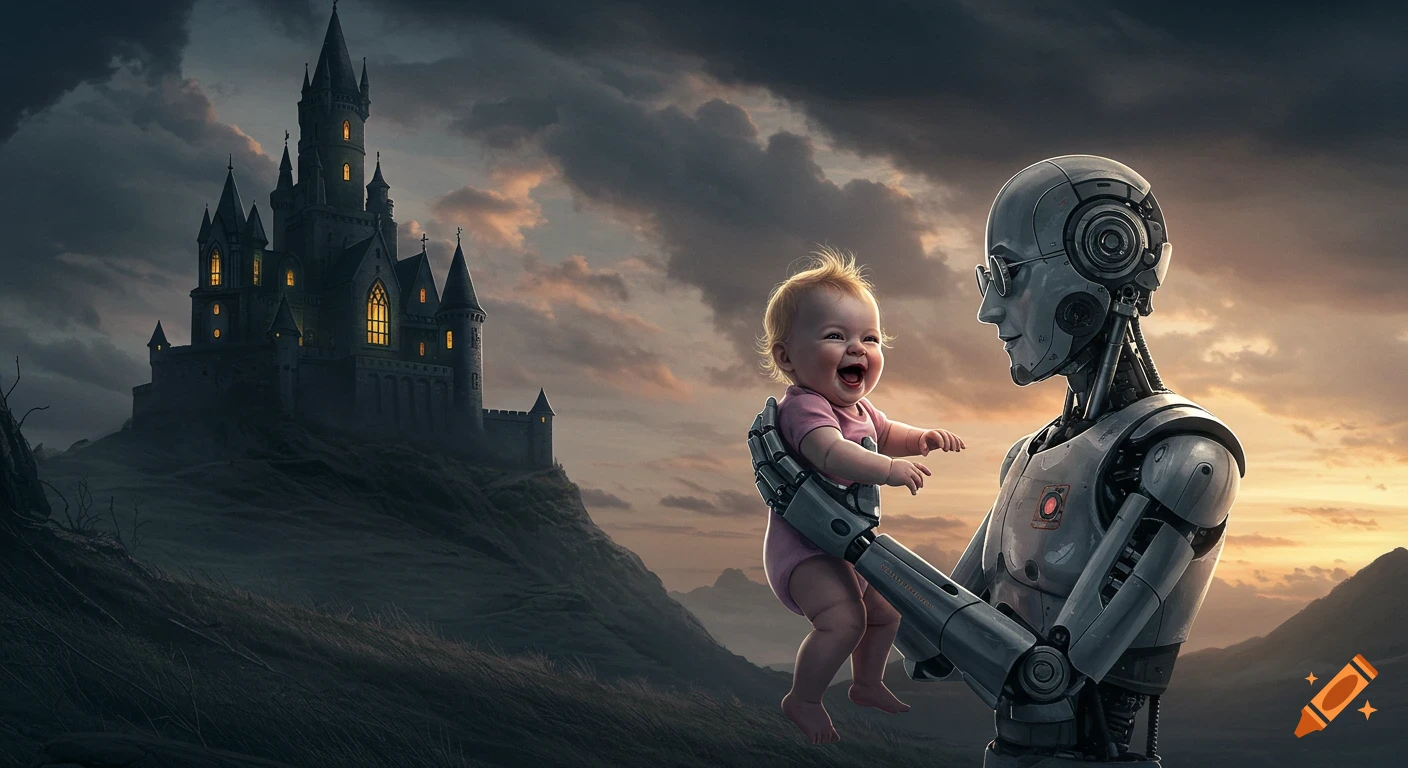 A humanoid robot holds a laughing baby in pink clothes, with a dark castle on a hill in the dramatic sunset background.