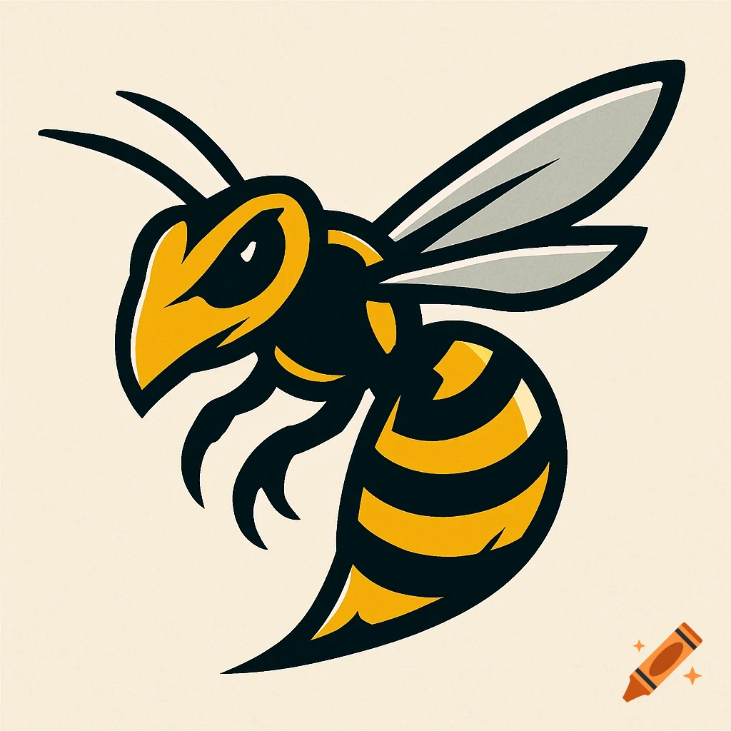 A stylized illustration of a wasp in black, yellow, and light gray, resembling a sports team logo.