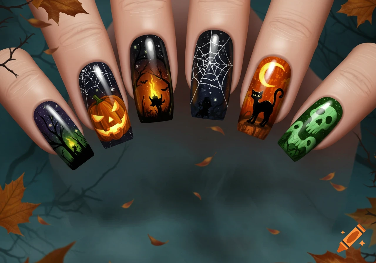 Fingers adorned with vibrant Halloween nail art, featuring glowing pumpkins, a witch, spiderwebs, a black cat, and green skulls.