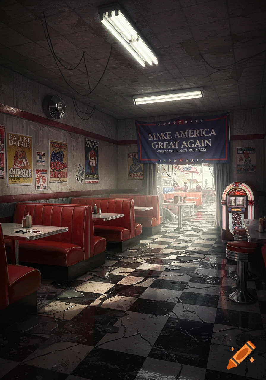 A desolate, rundown diner with red booths and a cracked checkered floor, illuminated by fluorescent lights. A banner reads "MAKE AMERICA GREAT AGAIN" with other garbled text. A jukebox sits on the right, and a blurry outdoor scene with an American flag is visible through the window.