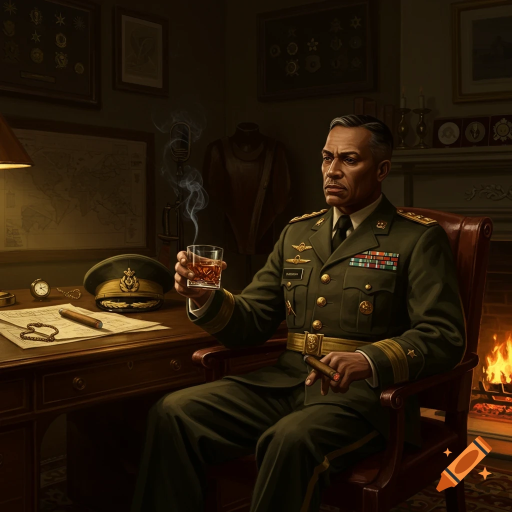 Photorealistic portrait of an army colonel in uniform, holding a glass of scotch and a cigar, sitting at a desk in a dimly lit office with a fireplace.