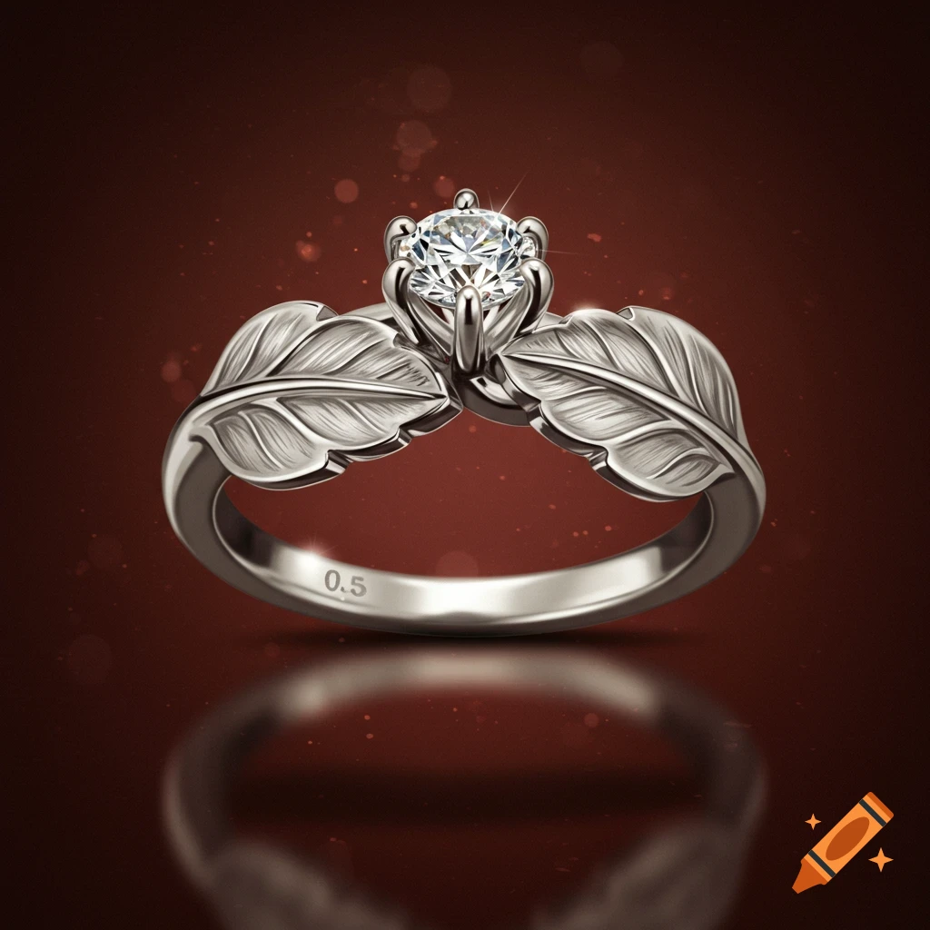 A white gold engagement ring with a brilliant diamond held by two detailed betulla leaves, on a dark red background.