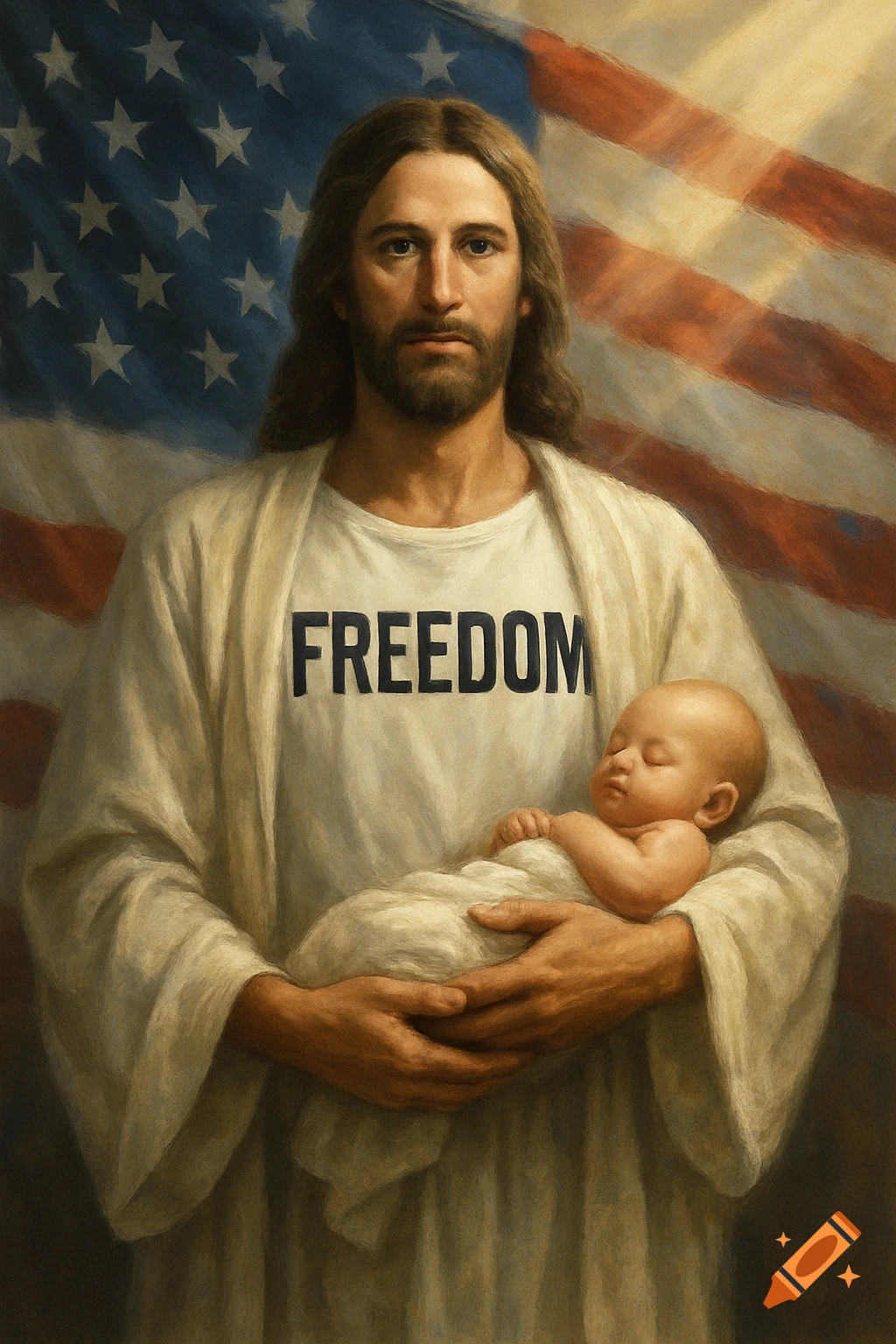 Oil painting of Jesus, wearing a "FREEDOM" shirt and white robe, holding an infant in front of an American flag.