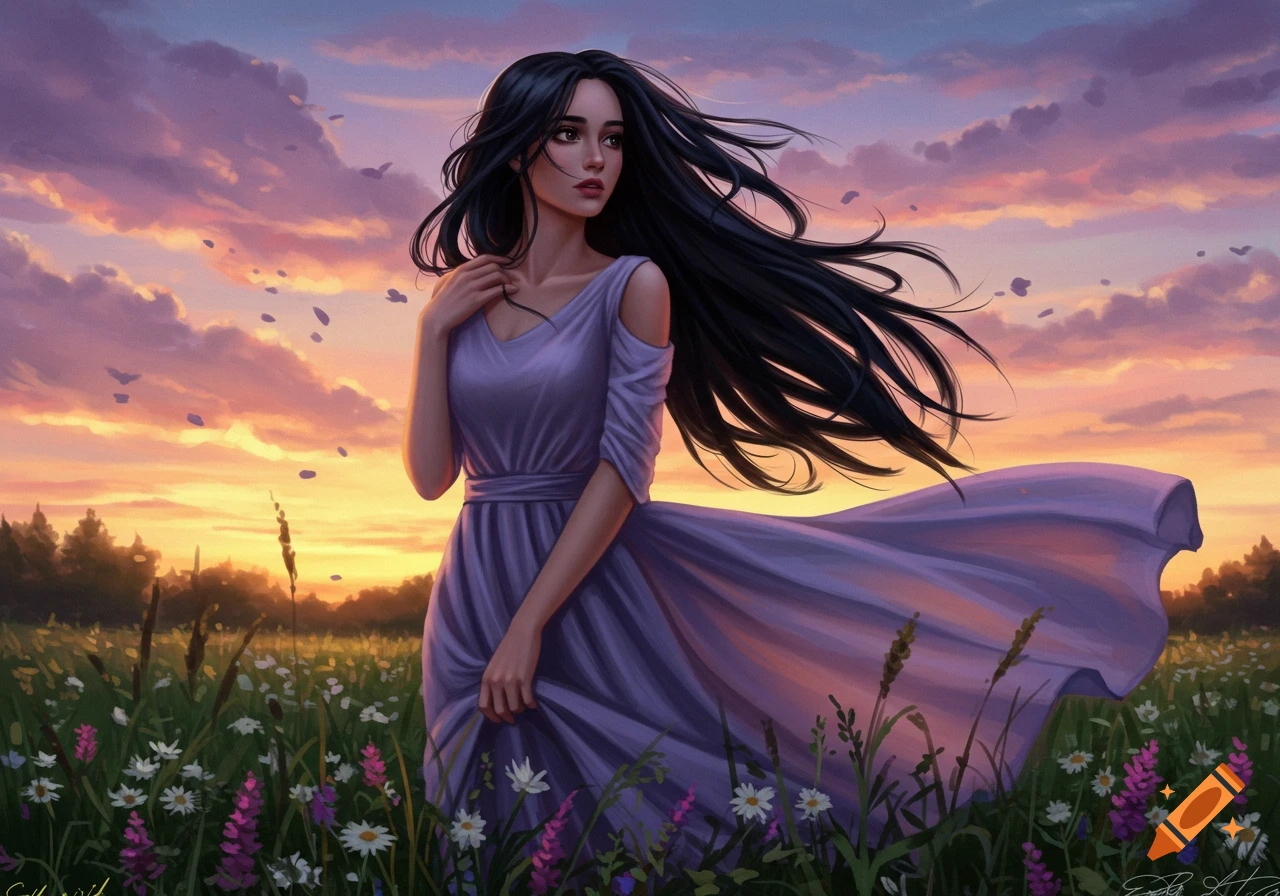 A digital painting of a woman with long dark hair and a flowing purple dress standing in a field of wildflowers at sunset.