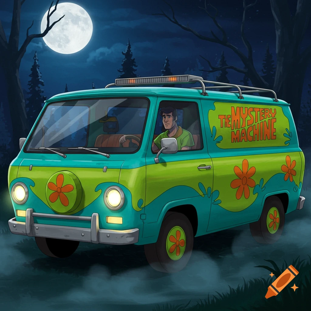 The Mystery Machine van drives at night with a man with dark hair and a short beard at the wheel under a full moon.