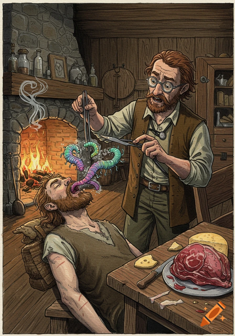 A scholarly man extracts glowing, colorful worms from an unconscious man's mouth in a rustic cottage, a detailed ink-and-wash fantasy illustration.