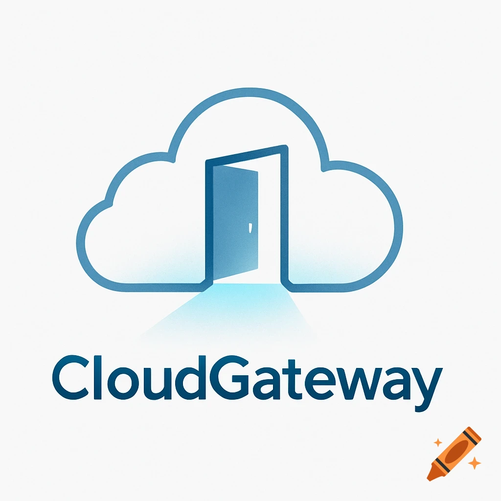 A logo featuring a blue cloud outline with an open door, light shining out. Below, blue text reads "CloudGateway".