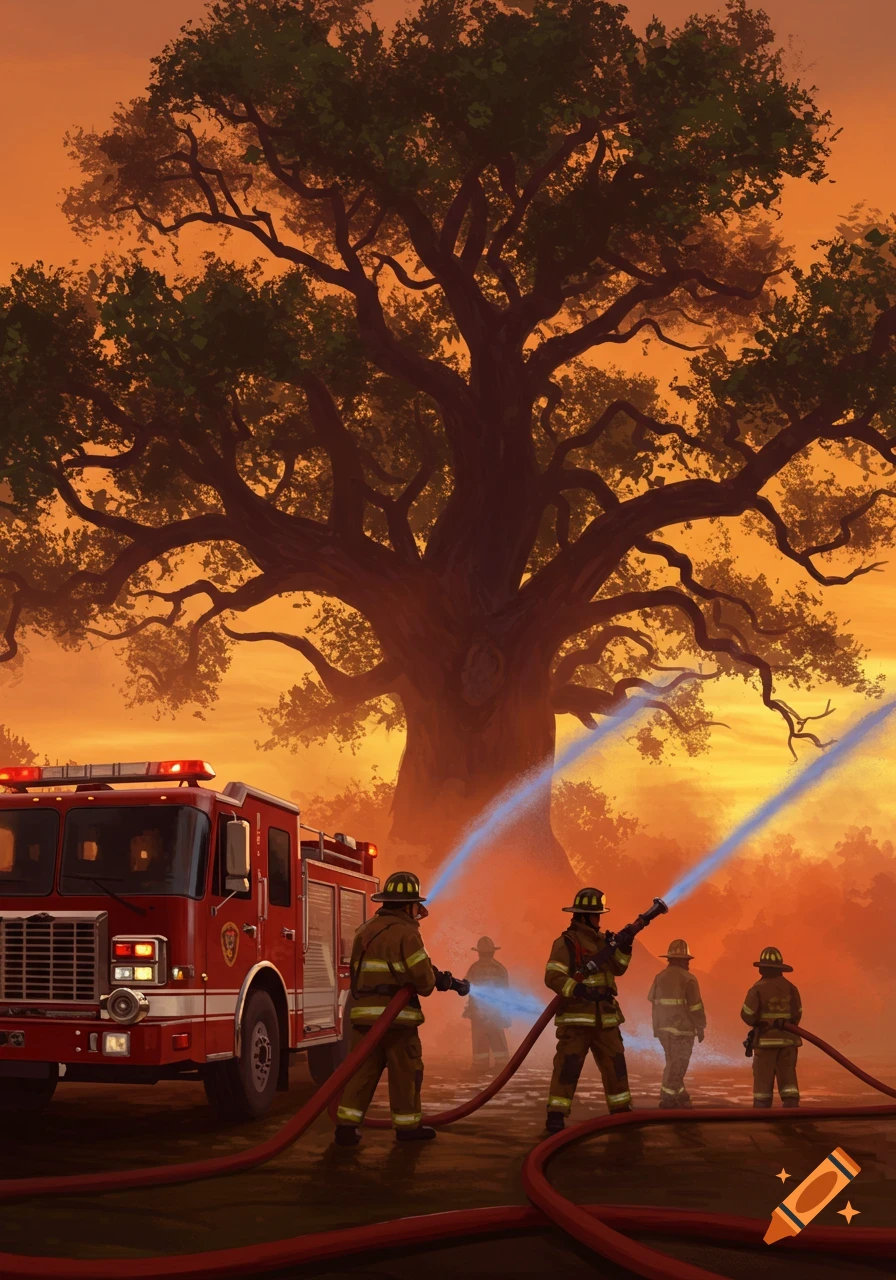 Firefighters with a truck spraying water at a large tree under an orange sky.