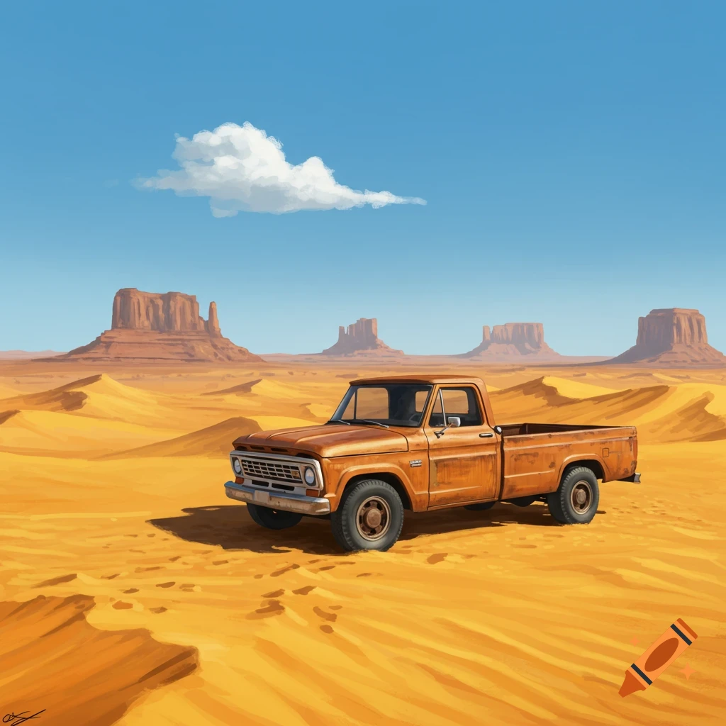 An old orange pickup truck sits in a vast golden desert with large mesa formations under a bright blue sky.