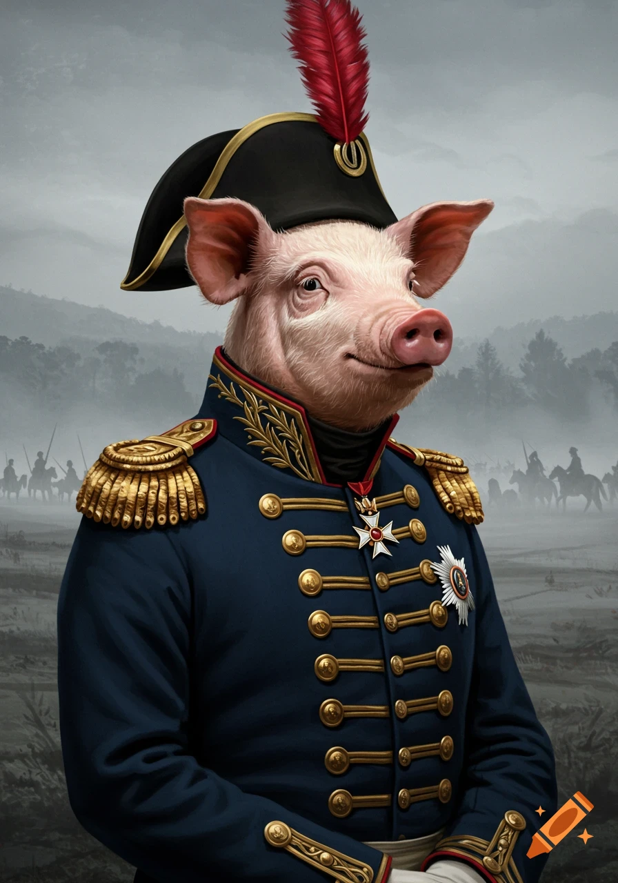 A portrait of a pig dressed as a Prussian general in a blue uniform with gold details and a feathered hat, on a battlefield.