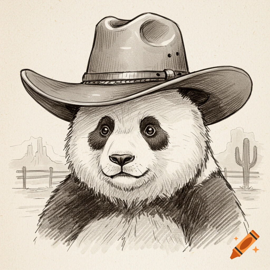 Pencil sketch of a panda wearing a cowboy hat with a desert landscape in the background.