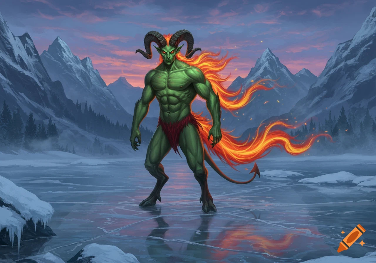 A muscular green devil with ram horns, glowing red eyes, fiery hair, and a tail stands on a frozen lake with icy mountains at sunset.