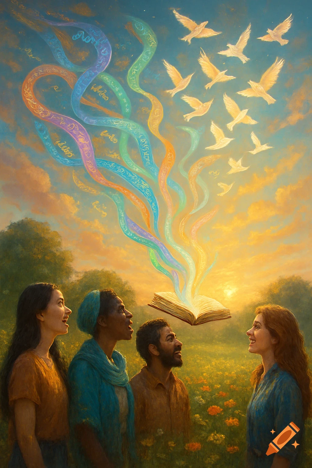 Four diverse people look up in awe at an open book floating in a field, from which colorful ribbons of light and white doves ascend into a vibrant sky at sunset.