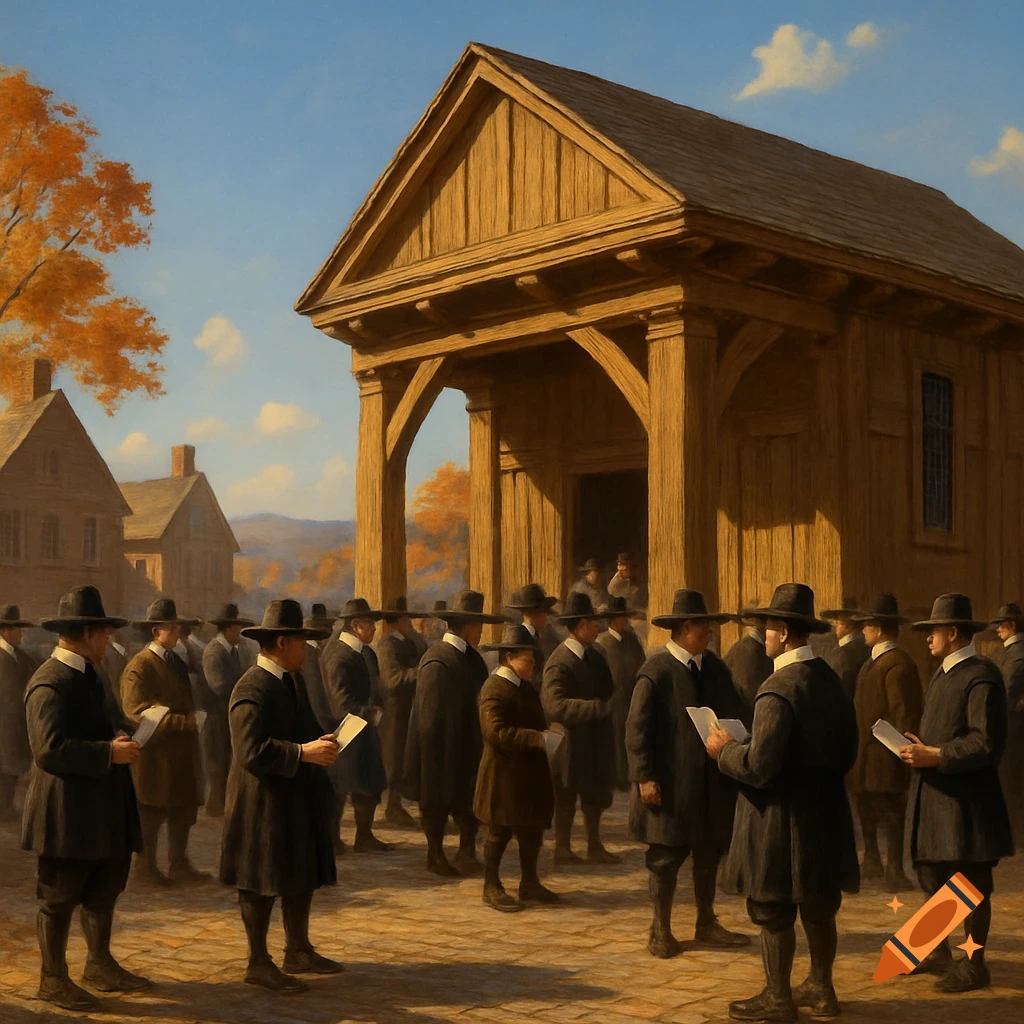 Men in Puritan clothing gather outside a wooden hall in a colonial town during autumn, painting style.