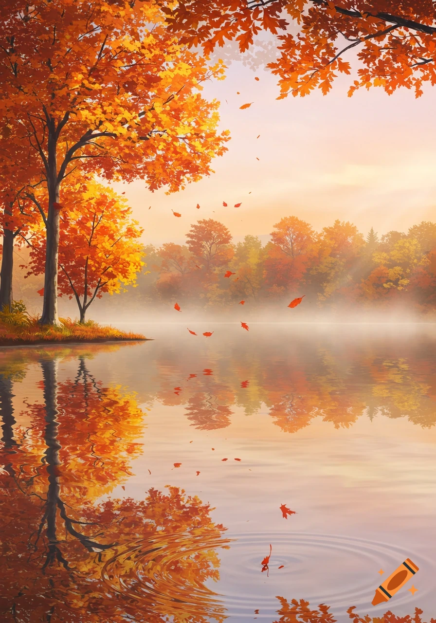 Vibrant autumn landscape with orange trees reflected in a misty lake, with falling leaves.