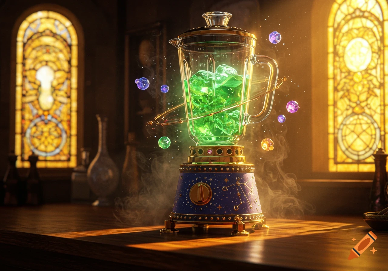 A glowing magical blender with green liquid and floating orbs sits on a wooden table, bathed in golden light from stained glass windows.