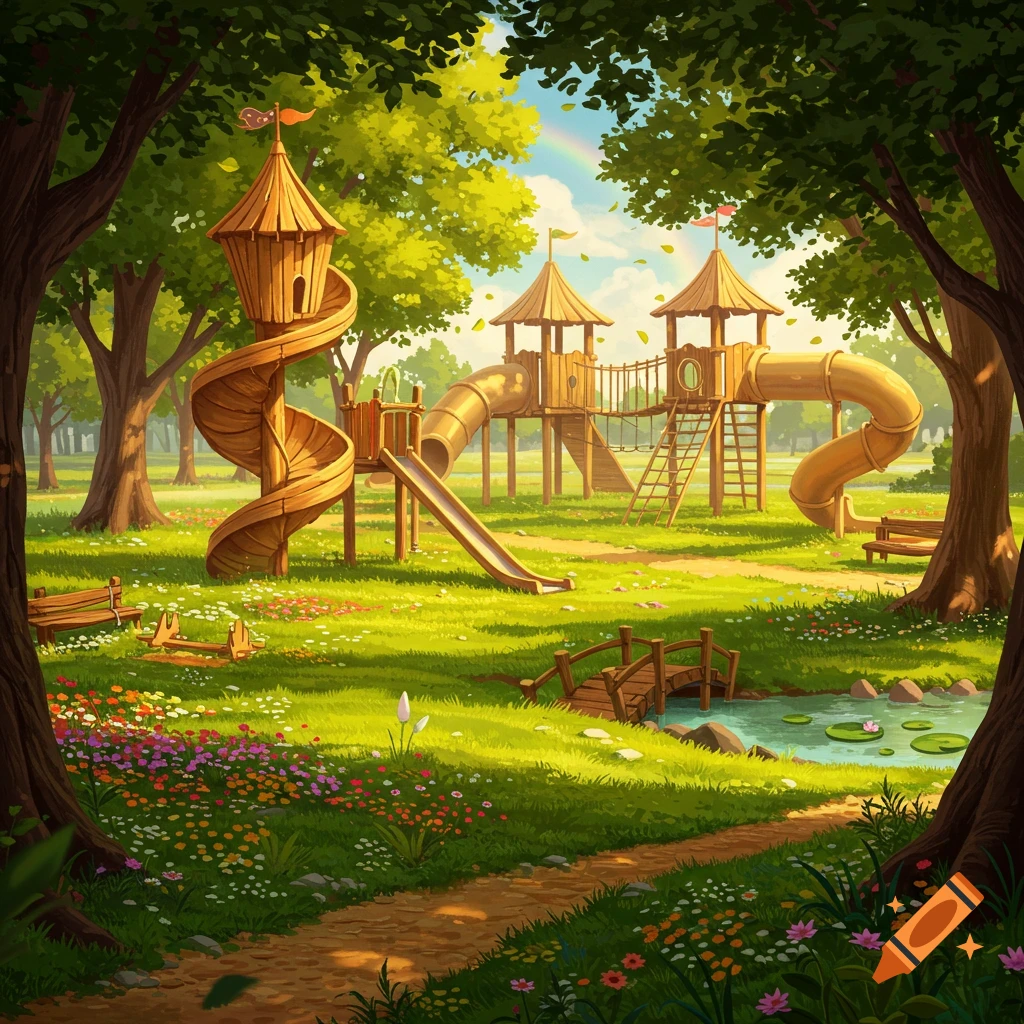 Colorful illustration of an empty children's playground in a lush park with trees, flowers, a pond, and a rainbow.