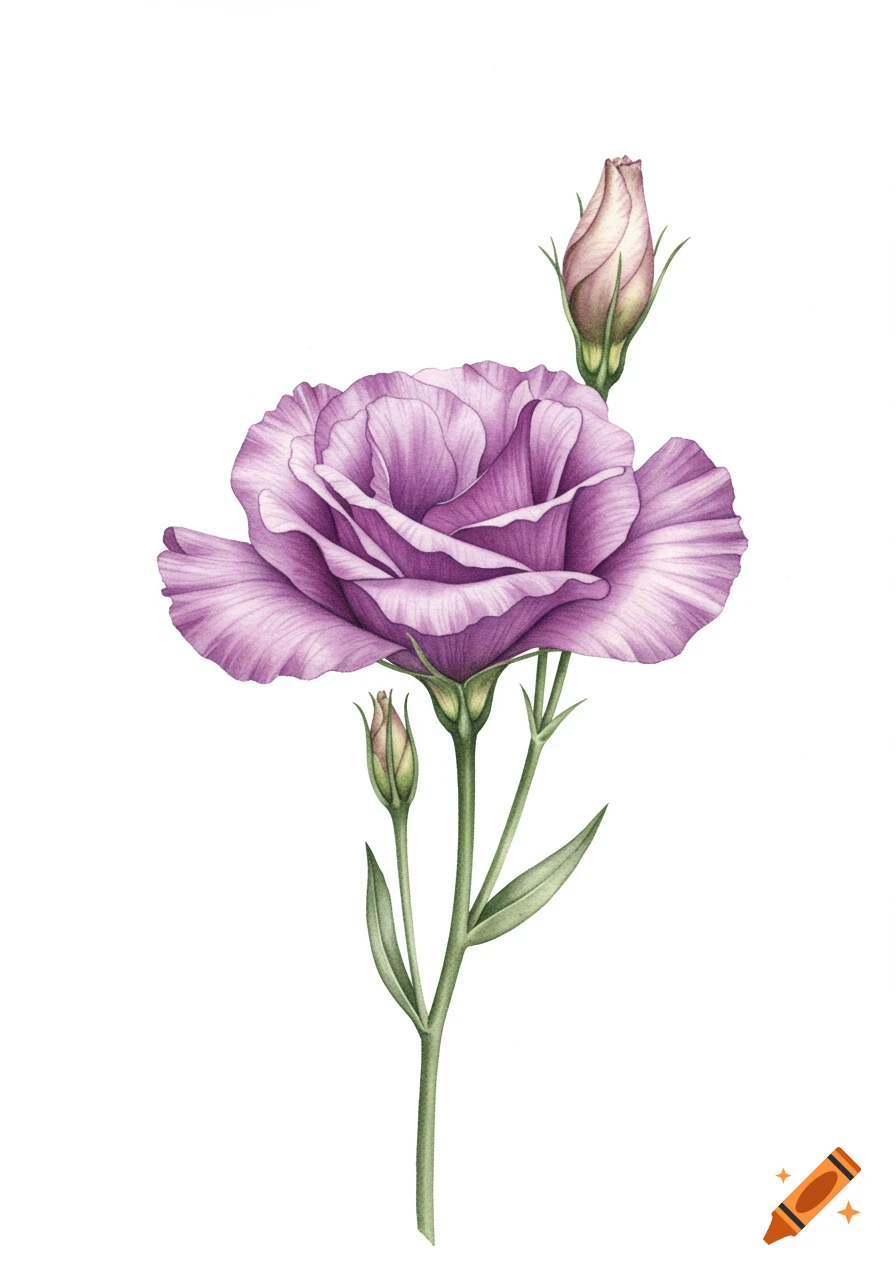 A detailed purple flower with two buds and green stem, illustrated on a white background.