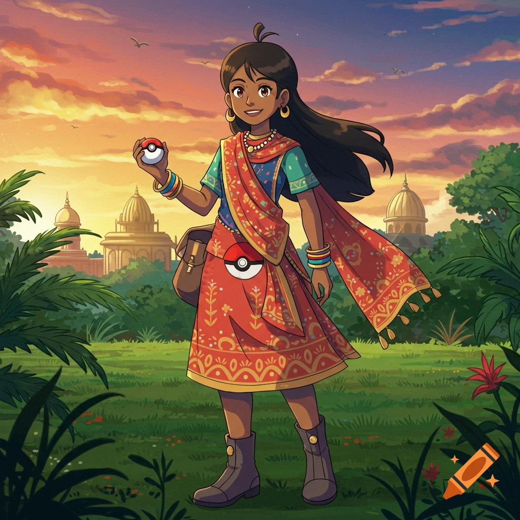 Anime-style Indian girl Pokemon trainer in a red and blue outfit, holding a Pokeball, standing in a field with temples at sunset.