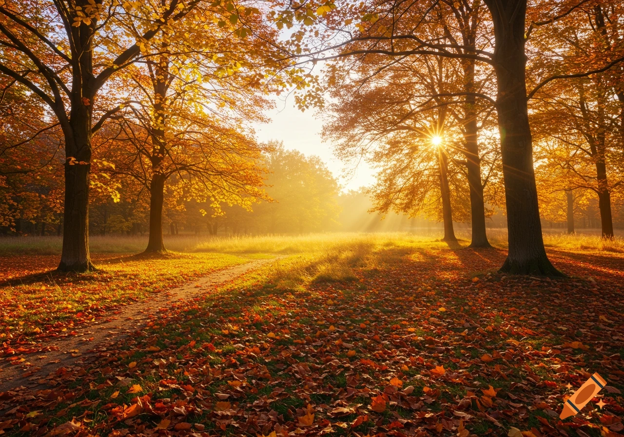 Sunlight streams through golden trees in an autumn forest, illuminating a path covered in fallen leaves.