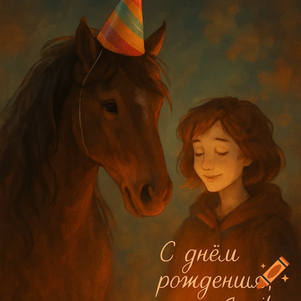 Illustration of a smiling girl with a horse in a party hat, with "Happy Birthday" text.